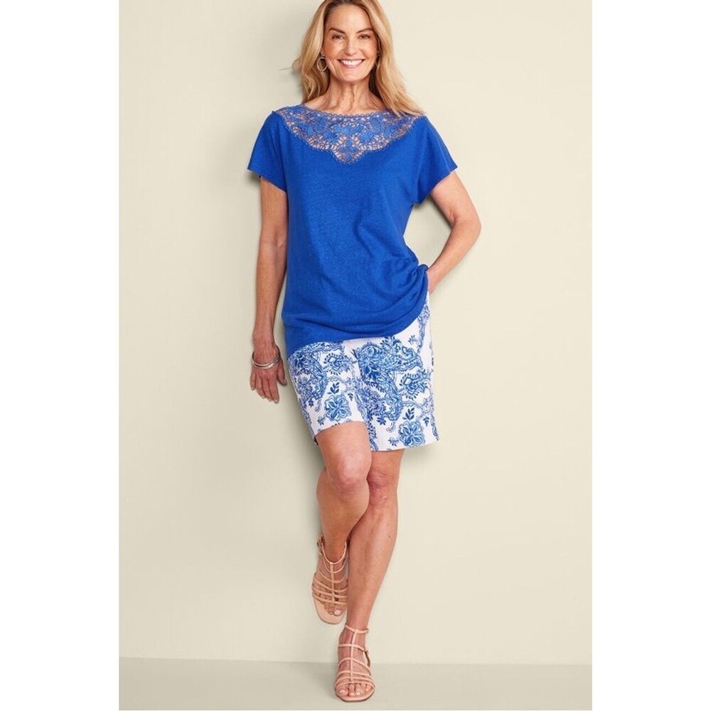 NWT $69 Soft Surroundings Marilla Gauze Shorts Kamari Blue Paisley Women S (6/8)